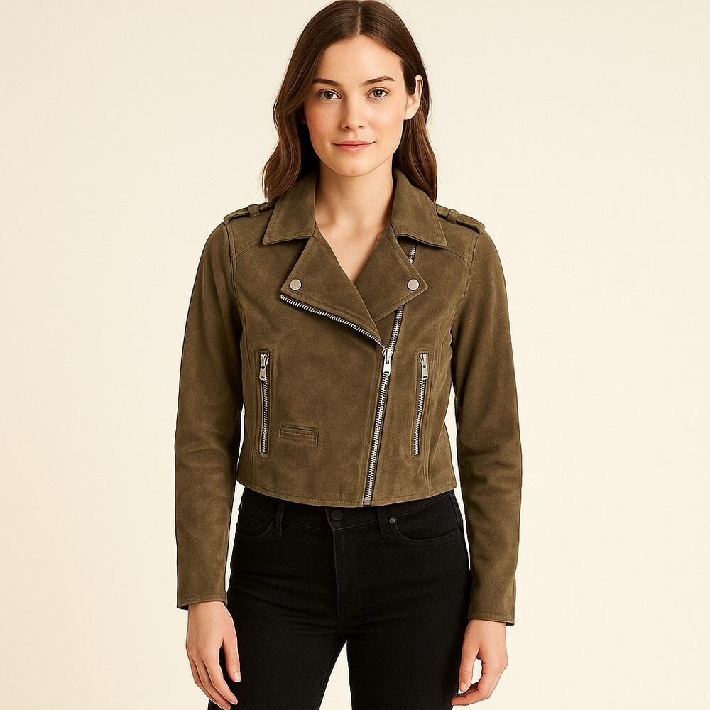 SL8 Olive Suede Moto Jacket – Size Small – Cropped Leather Biker Style